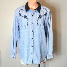 Vintage Shirt Velvet Collared Western Bohemian 90s Country Chambray Denim Medium