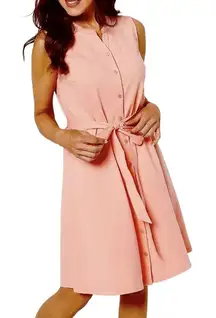 New Isaac Mizrahi Cotton Pique Belted Button Front Sleeveless Dress Peach 4X