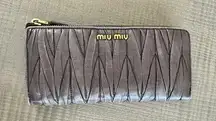 Authentic Miu Miu Matelasse Gray Leather Long Wallet