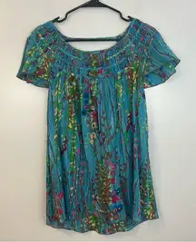Vintage Free People Teal Blue Floral Short Flutter Sleeve Boho Top Size 1 Small