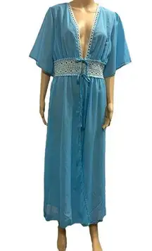 Vintage Blue Double Tie Waist Nightgown Dressing Gown Robe Maxi Length Womens L