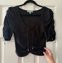 Mint Vanilla Black Bow Ruched Sleeve Top 