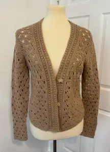 Vince Wool & Cashmere Crochet Cardigan Open Knit V Neck Light Amber Size Small