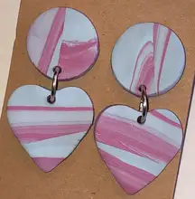 Pink and Light Blue Retro Boho Clay Heart Dangle Earrings