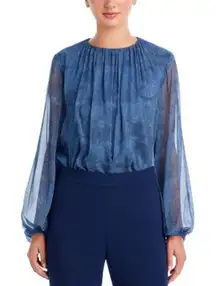 Lafayette 148 New York Midnight Blue‎ Screen Print Silk Chiffon Blouse Size XS
