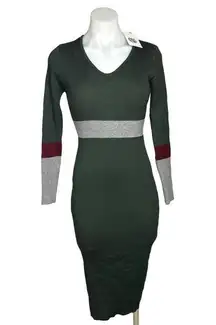 Sundays Soho NWT Green Ribbed Knit Striped Colorblock Bodycon Sweater Midi Dress