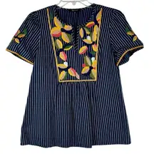 Madewell Fable Floral Striped Embroidery Short Sleeve Blouse Small