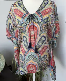 J. McLaughlin Delicate Lightweight Cotton Kaftan Tunic Blouse‎ Boho Paisley XS-S