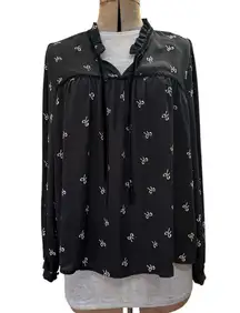 J Crew Velvet Tie Neck Top All Over Bow Print Black Ivory Blouse Long Sleeve