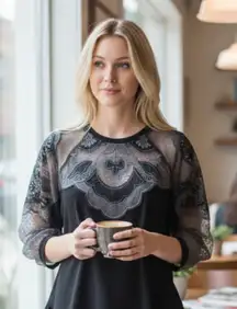 NEW Free People Toni Blouse  Black Mesh  Lace Trim Super Oversized