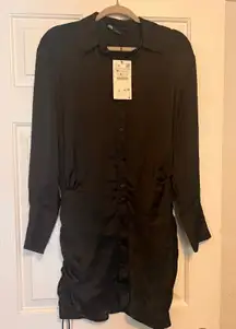 Zara Mini Shirt Dress Ruched Long Sleeve Black Button Down Size M‎