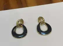 Vintage Signed Monet Earrings Pierced Gold Tone / Black Enamel Dangle