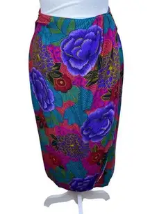 Colorful, floral faux wrap skirt, size XS, long length, back zipper