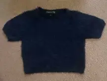 House Of Three Cropped Eyelash Fuzzy Short Sleeve Sweater Blue Size 8 Medium