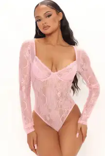 Fashion Nova Take It To Heart Pink Lace Bodysuit