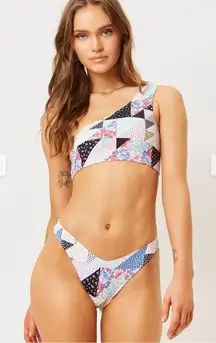 NWT Frankies Bikinis Barb One Shoulder Bikini Top in Patchwork Multi Pattern S