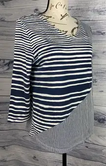 Chicos 0 Tee Shirt Womens S 4 V Neck Cotton Soft 3/4 Sleeves Blue Spliced Stripe