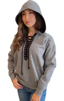 NWOT Lace-Up Pullover Hoodie in Grey with Black Lace-up Slim Fit