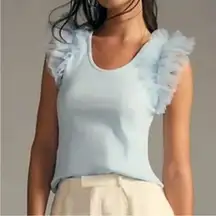 NW Anthropologie DOLAN tulle Ruffle sleeves low-cut round neck Top Blue Sz M