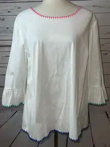 Talbots Blouse Womens size XL Extra Large Shirt White Rainbow Poplin Flare Cuff