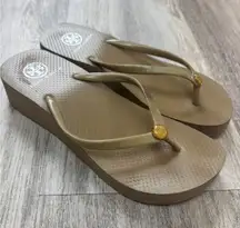 Tory Burch Flip Flops Wedge Sandals Tan Gold Logo Women's Size 8