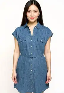 Express Denim Jean Shirt Dress Womens Sz M Button Front Short Sleeve Chambray