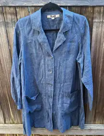 Flax 100% Linen Denim Navy Blue Blazer Jacket Duster Oversized Small Pockets EUC