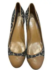 Gold Logo Leopard Print & Tan Cap Toe Block Heel Pump Shoes Size 11