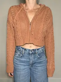 Y2K Preppy Aero Tan Orange Zip Up Crochet Sweater Size Large