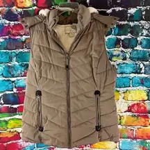 GREEN TEA Soft Fleece Lined Puffer Vest Removable Hood w/ Faux Fur Trim Large