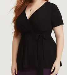 NEW NWT TORRID 3 Plus Size Jersey Knit Faux Wrap Top Black Short Sleeve NO BELT