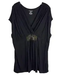 Lane Bryant Plus Size 26 28 Top Black Beaded Short Sleeve V Neck Stretch 1057