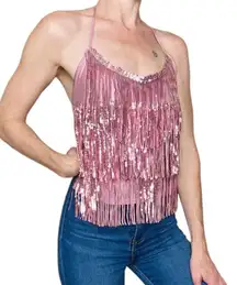 NWT  Pink Sequin Fringe Open Back Halter Tank Top