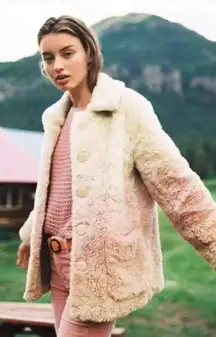 ANTHROPOLOGIE Ombre Cream, Tan & Pink Faux Fur‎ Button-Up Coat, Size XS g…