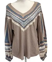 Free People Copenhagen Thermal Pebble Combo XS Boho Patchwork Balloon Sleeve Top