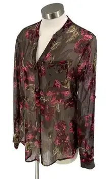 Kut From The Cloth Womens Jasmine Floral Semi-Sheer‎ Blouse Multi Olive Medium