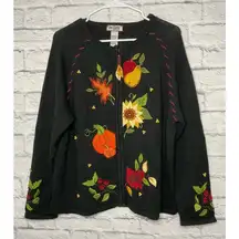 Vintage Tiara International Fall pumpkin leaves floral knit zip sweater L.