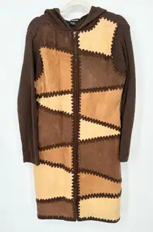 Vintage Y2K Misdemeanor Patchwork Suede Hooded Duster Cardigan Sweater Jacket L