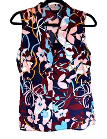 Halogen Sleeveless V Neck Floral Print Blouse Top Navy Pink Blue XS