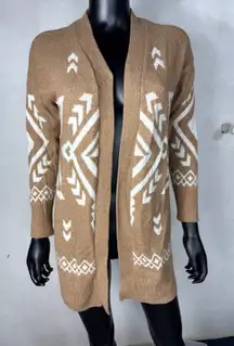 Ruby Moon Women Tan White Geometric Pattern Long Open Front Cardigan Sweater XS