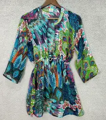 Rima‎ Beachworld Tunic L/XL Sheer Peacock Chiffon Cover Up Boho Festival Beach