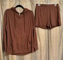 Women's Chocolate Brown Zip Up Hoodie Shorts Ribbed Lounge Set Large NEW