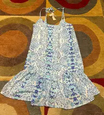 Gab Kate Blue Snakeskin Print Tassel Tie Loose Sleeveless Mini Dress Junior’s M