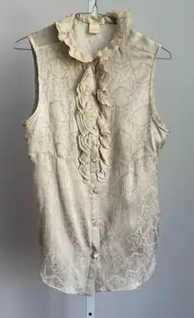 VTG Gold Hawk 100% Silk Sleeveless‎ Victorian Ruffle Blouse Paisley Fairy sz S