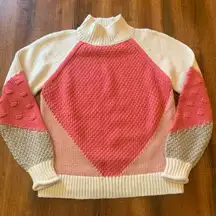 LOFT Sweater Small Cream, Pink, & Rose Cowl Neck Geometric Design Knit Soft