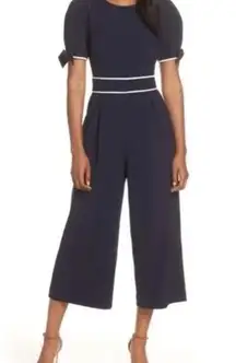 Womens New Eliza J Navy Cropped Jumpsuit with White Accents