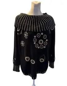 Vintage Calledina Women's L Black Sweater Gold Bead Embellishments Vintage