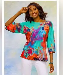 Soft Surroundings Marciana Bright Abstract Watercolor Sea Reef 3/4 Sleeve Top XS