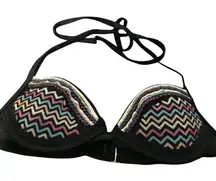 Xhilaration Black Zig Zag Embroidered Halter Bikini Swim Top S P