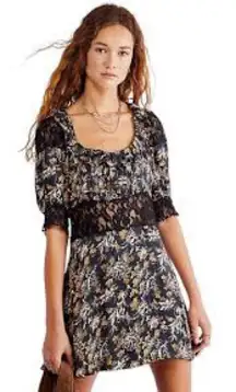 Free People Floral Mini Dress Lace Trim Puff Sleeve Tie Back‎ Black Gold 4
